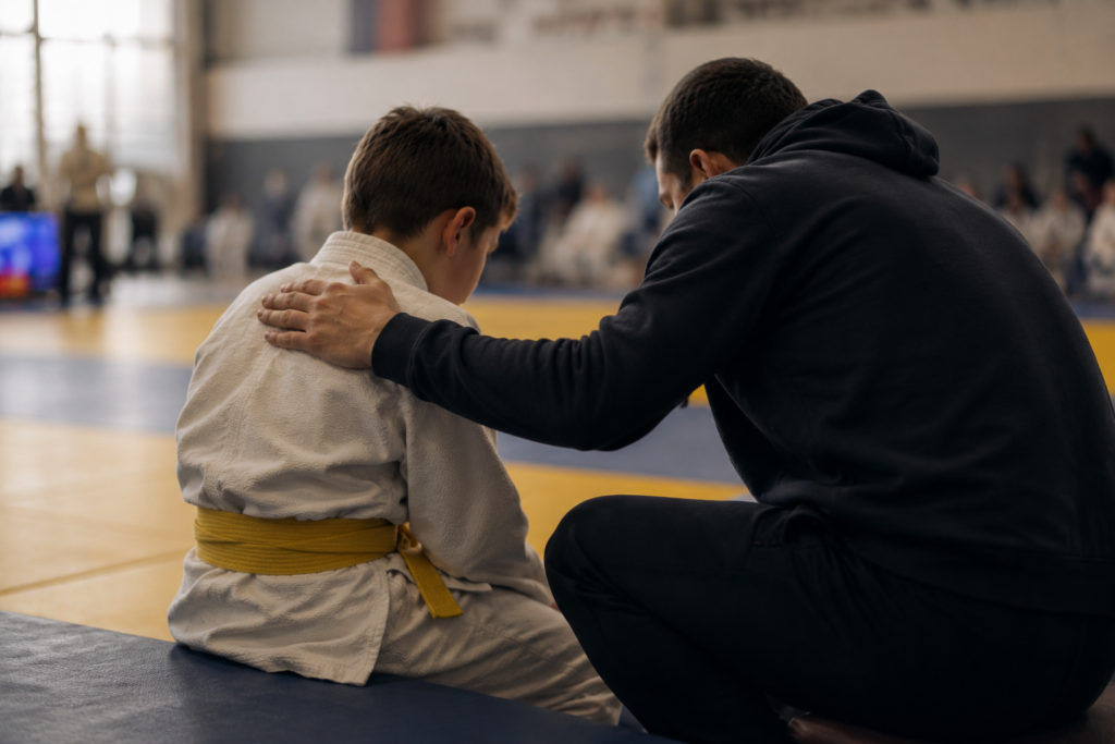 Trener wspiera młodeko zawodnika judo po zawodach